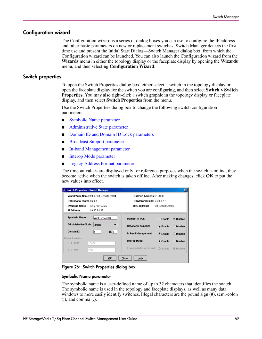 HP 2/8q Fibre Channel manual Configuration wizard, Switch properties 