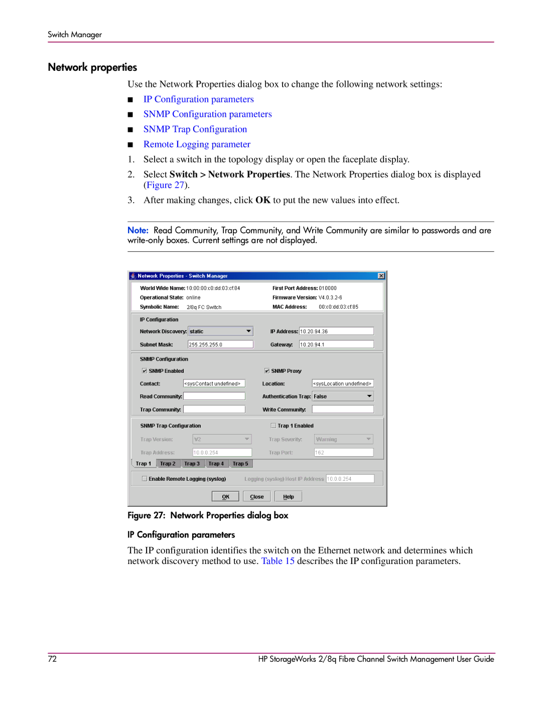 HP 2/8q Fibre Channel manual Network properties, Network Properties dialog box IP Configuration parameters 