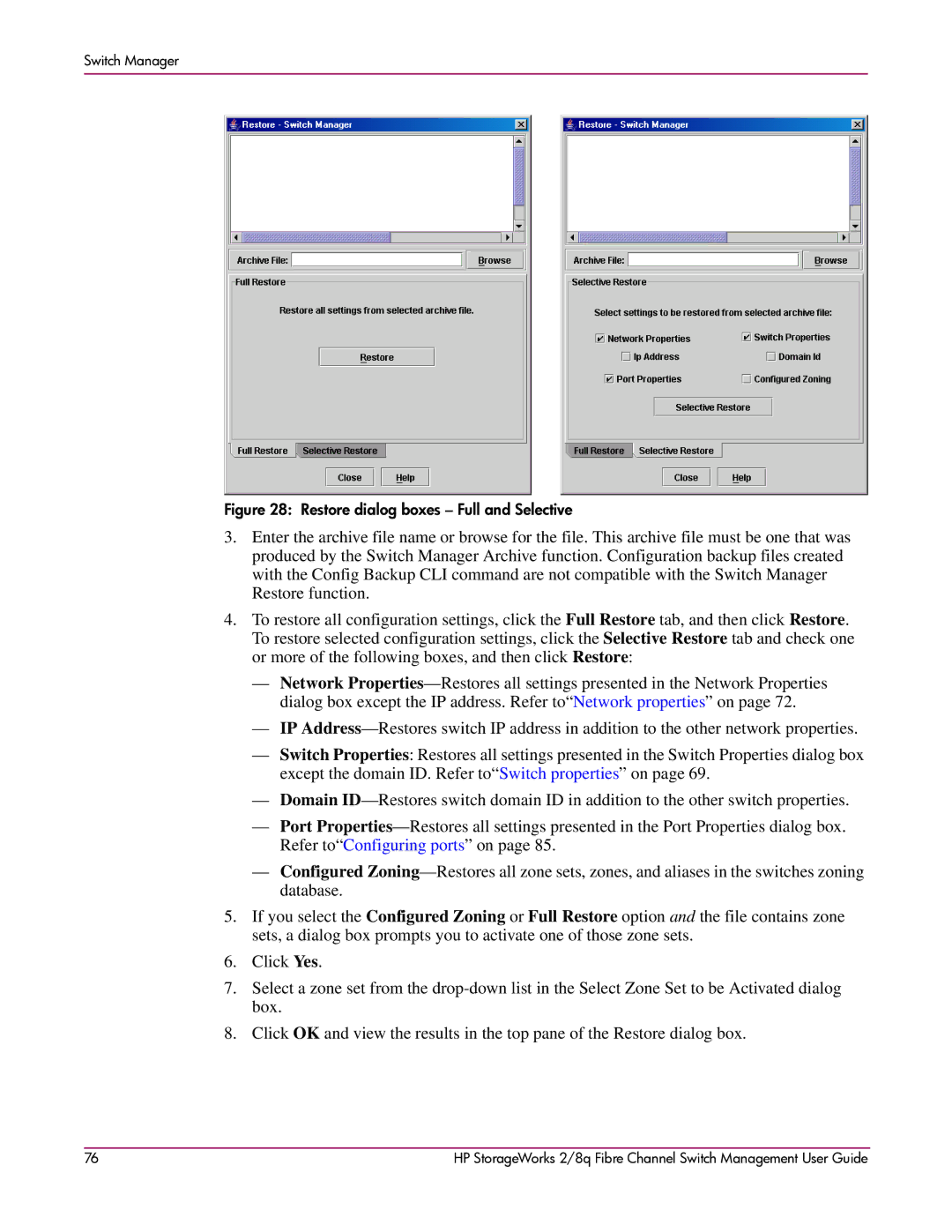 HP 2/8q Fibre Channel manual Restore dialog boxes Full and Selective 