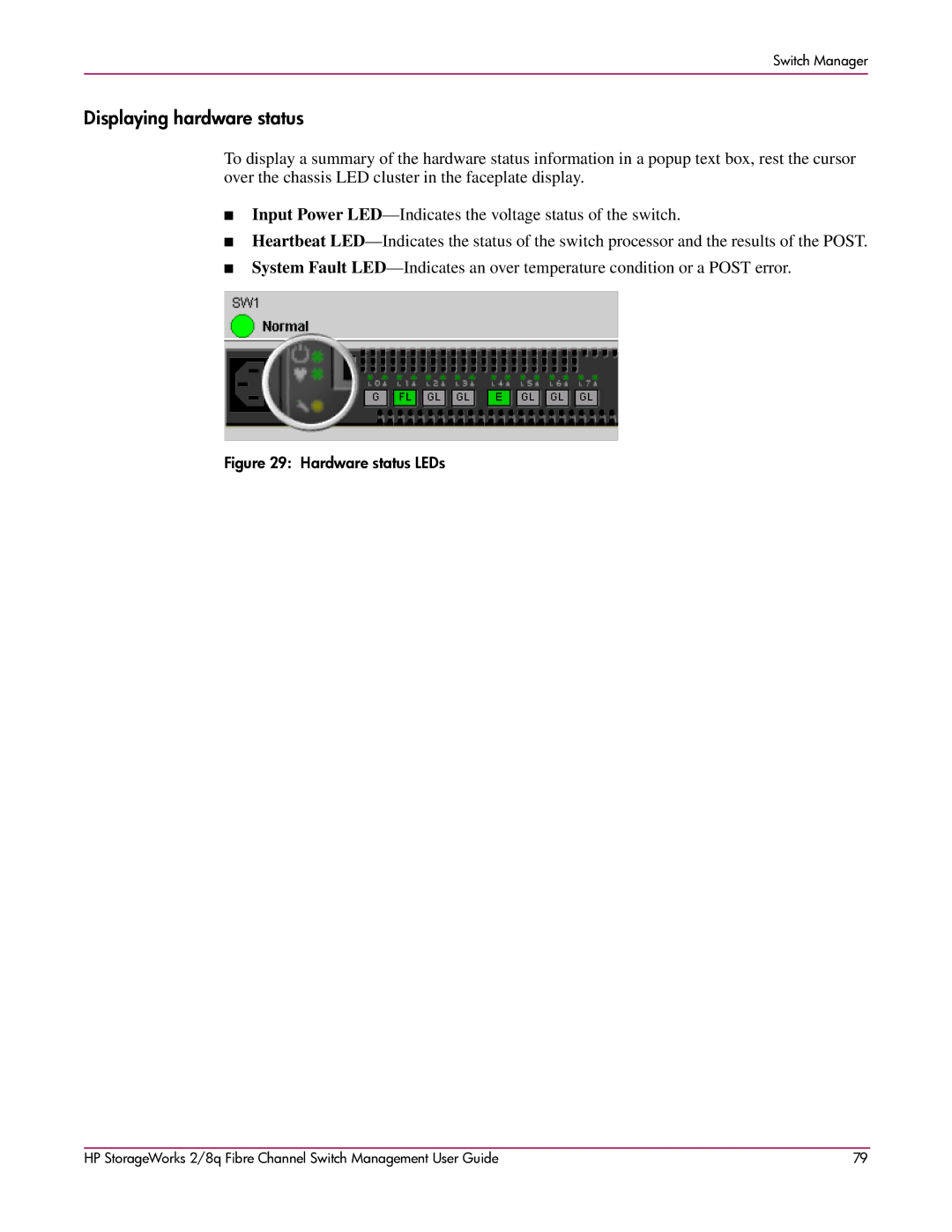 HP 2/8q Fibre Channel manual Displaying hardware status, Hardware status LEDs 