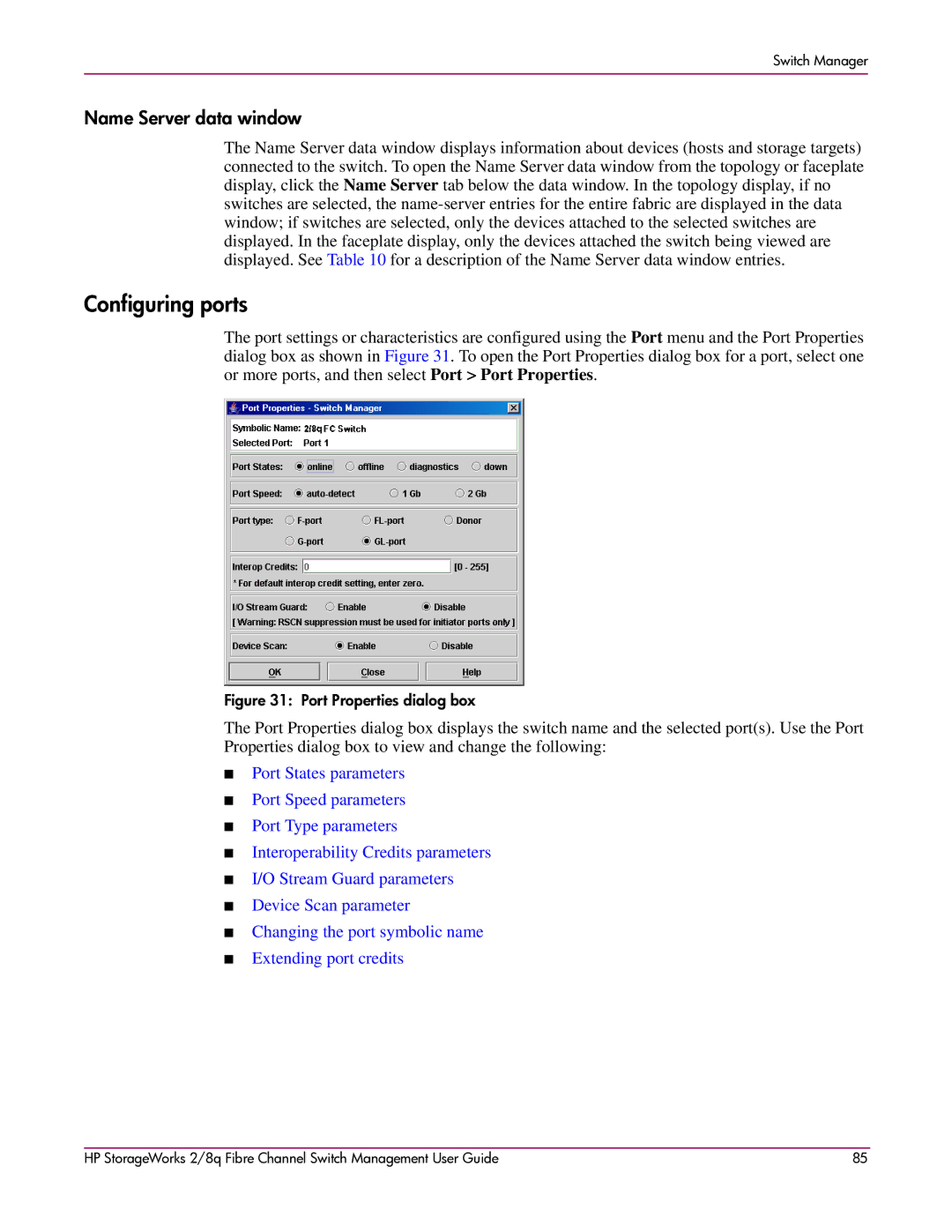 HP 2/8q Fibre Channel manual Configuring ports, Port Properties dialog box 