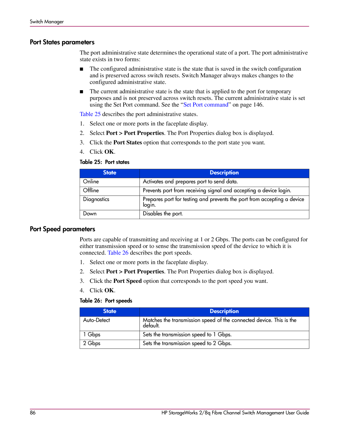 HP 2/8q Fibre Channel manual Port States parameters, Port Speed parameters 