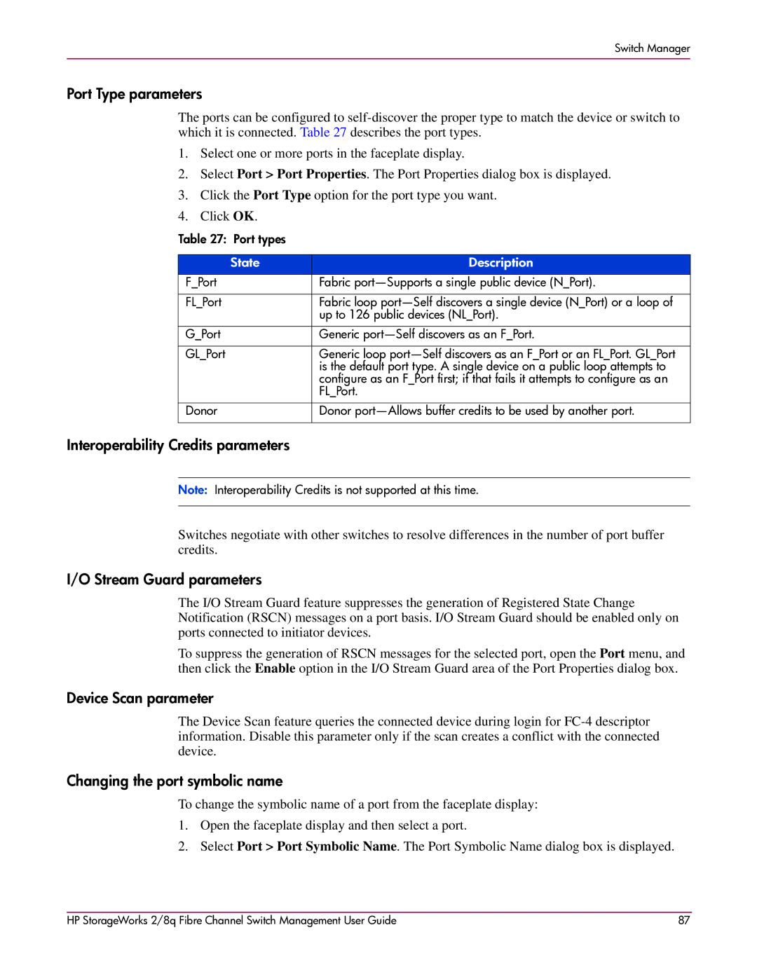 HP 2/8q Fibre Channel manual Port Type parameters, Interoperability Credits parameters, Stream Guard parameters 