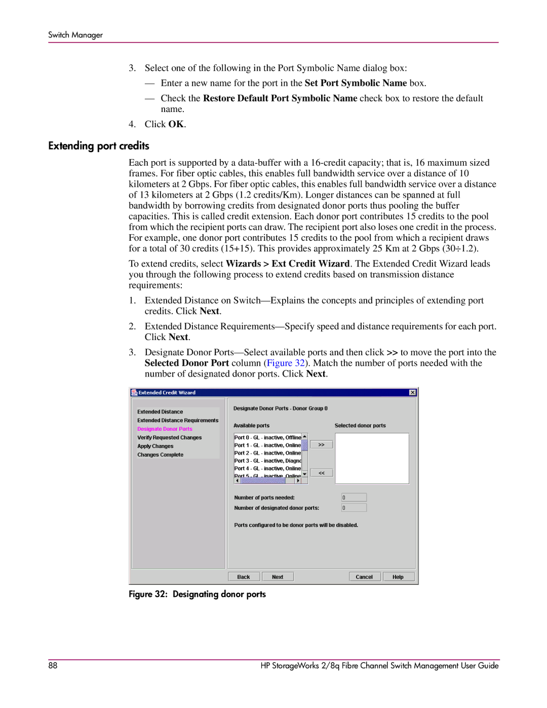 HP 2/8q Fibre Channel manual Extending port credits, Designating donor ports 