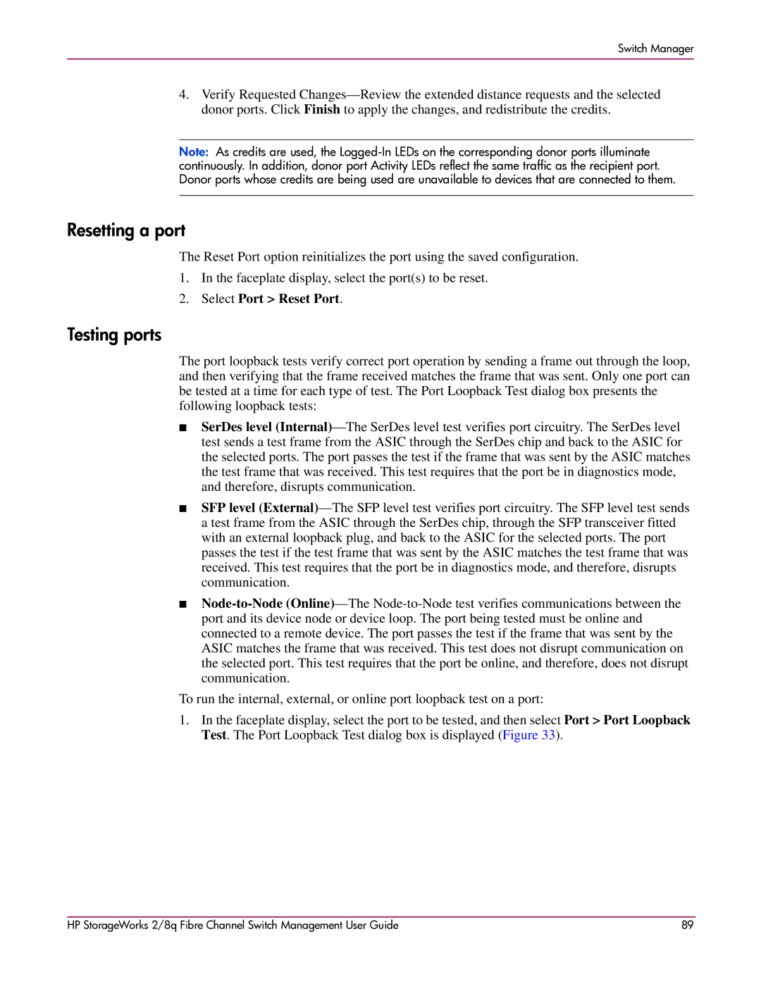 HP 2/8q Fibre Channel manual Resetting a port, Testing ports, Select Port Reset Port 