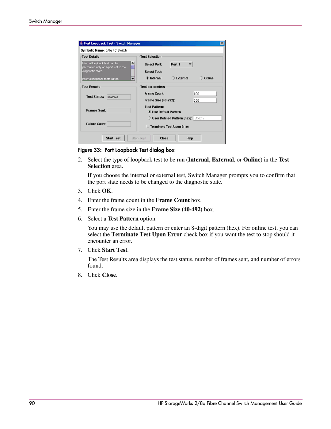 HP 2/8q Fibre Channel manual Click Start Test, Port Loopback Test dialog box 