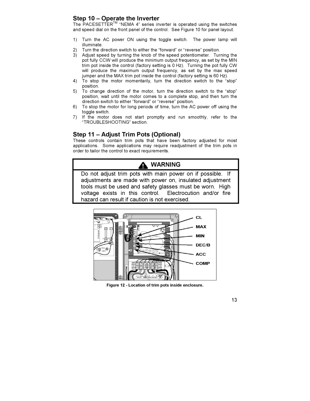 HP 2995 manual Operate the Inverter, Adjust Trim Pots Optional 