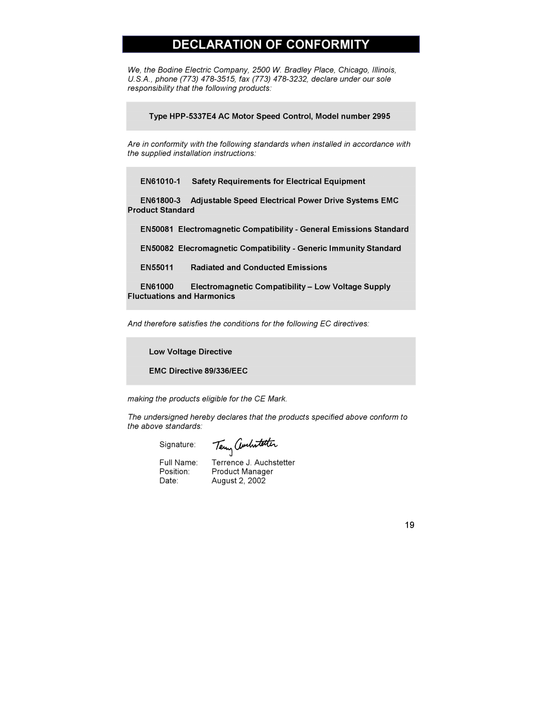 HP 2995 manual Declaration of Conformity, Type HPP-5337E4 AC Motor Speed Control, Model number 