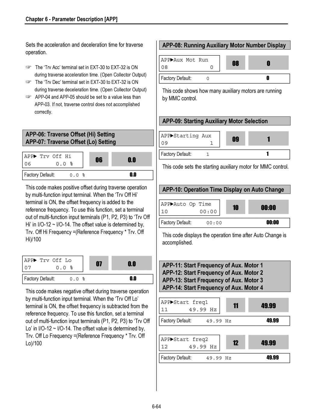 HP 30 30 manual APP-08 Running Auxiliary Motor Number Display, APP-09 Starting Auxiliary Motor Selection 