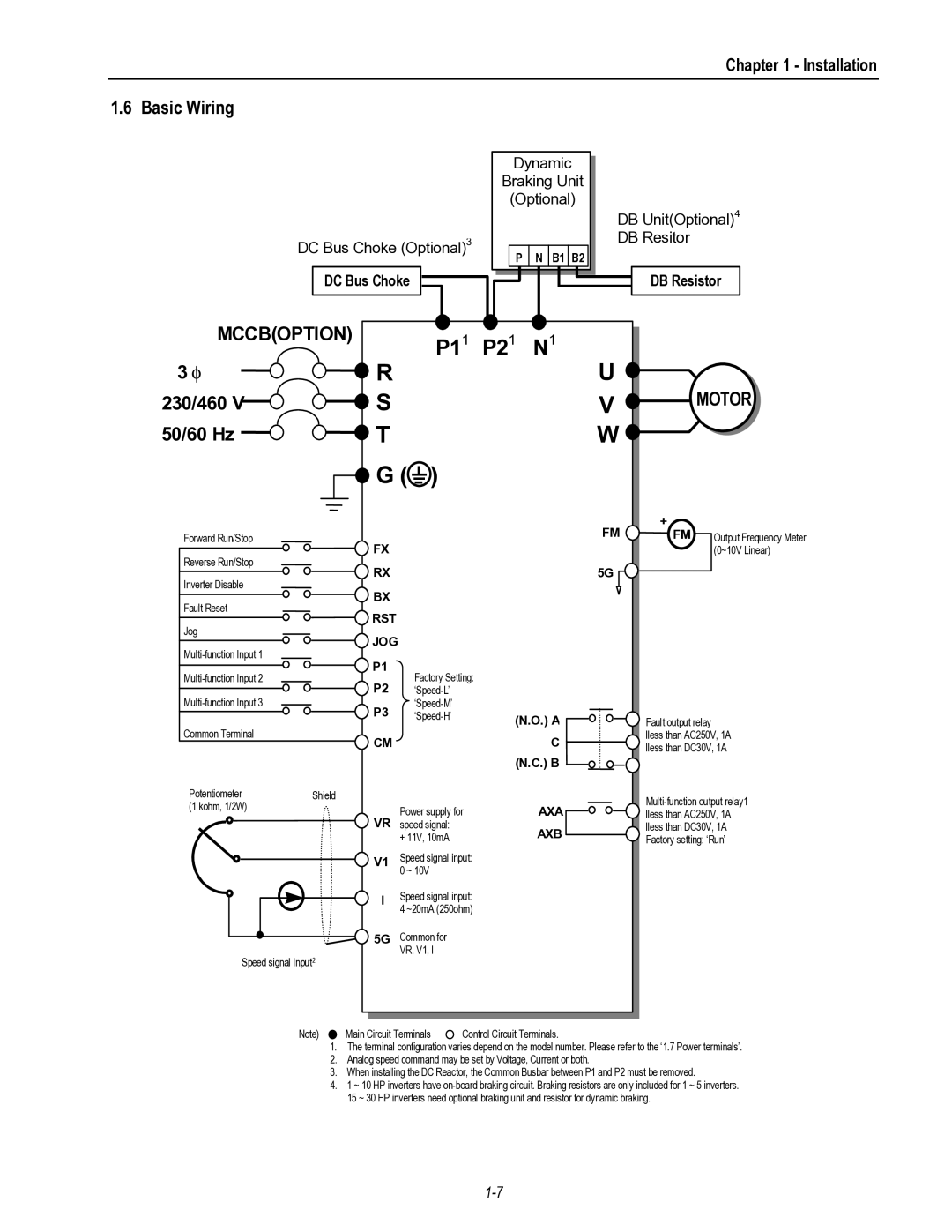 HP 30 30 manual Basic Wiring, 230/460 50/60 Hz, DC Bus Choke, DB Resistor 