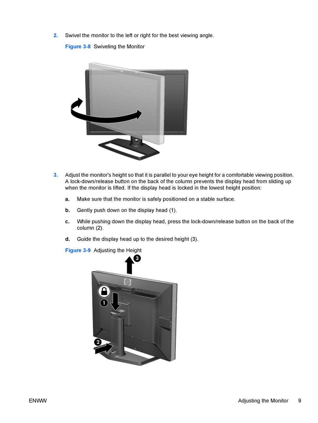 HP 30' Zr30w S-Ips VM617A4RABA, 30' Zr30w S-Ips ZR30w manual 9Adjusting the Height 