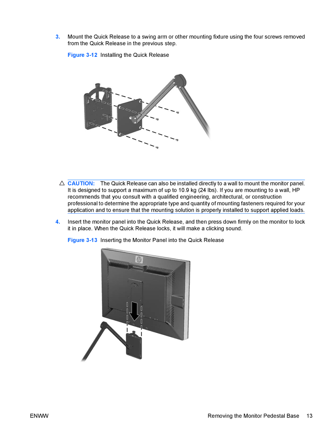 HP 30' Zr30w S-Ips VM617A4RABA, 30' Zr30w S-Ips ZR30w manual 13Inserting the Monitor Panel into the Quick Release 