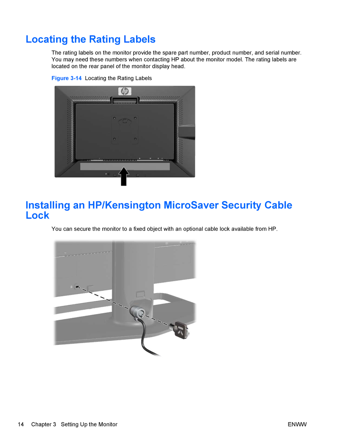 HP 30' Zr30w S-Ips ZR30w manual Locating the Rating Labels, Installing an HP/Kensington MicroSaver Security Cable Lock 