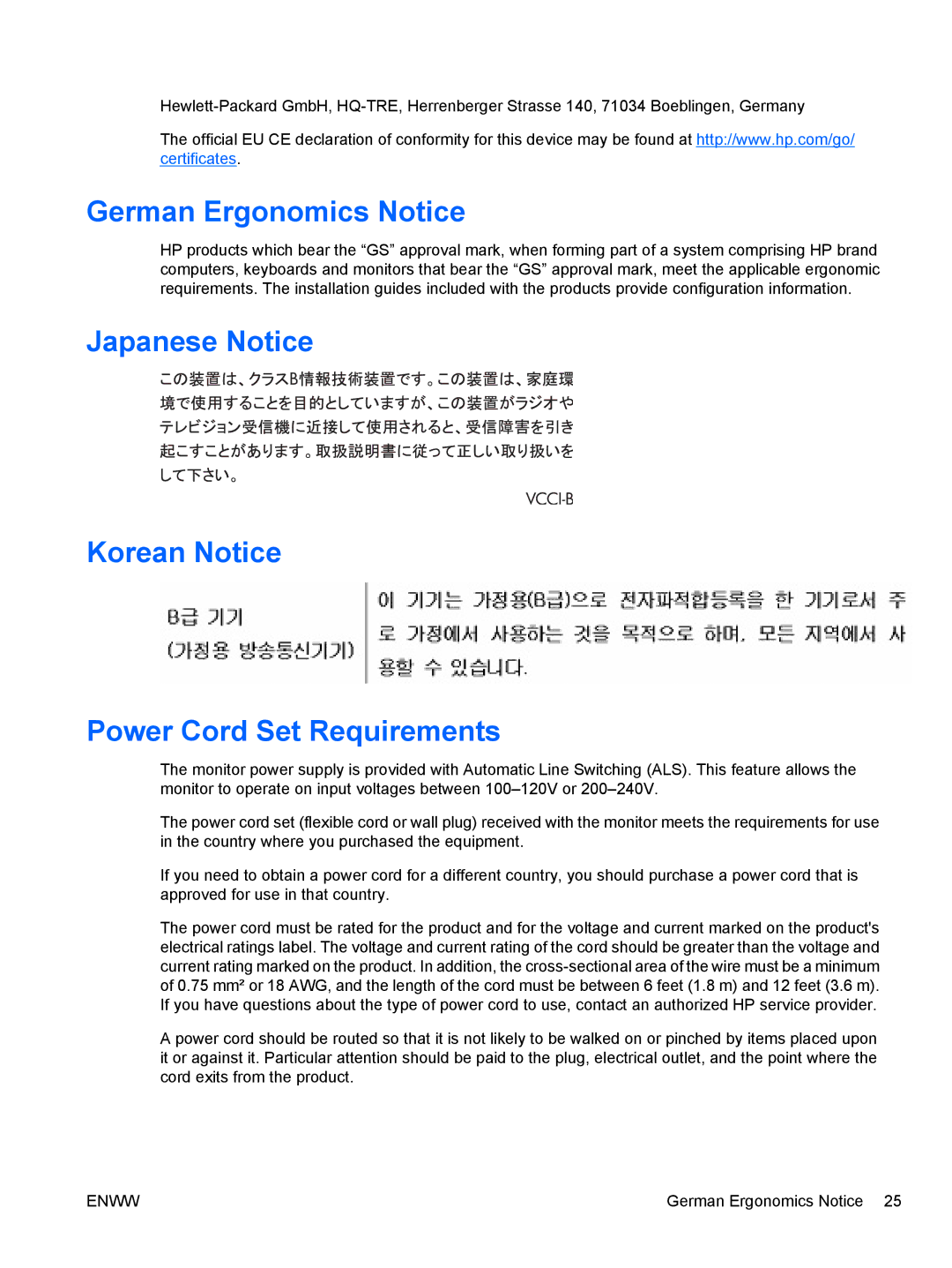 HP 30' Zr30w S-Ips VM617A4RABA manual German Ergonomics Notice, Japanese Notice Korean Notice Power Cord Set Requirements 