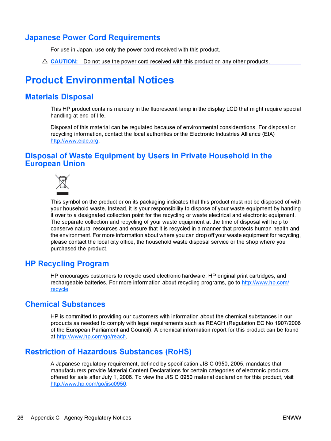 HP 30' Zr30w S-Ips ZR30w manual Product Environmental Notices, Japanese Power Cord Requirements, Materials Disposal 