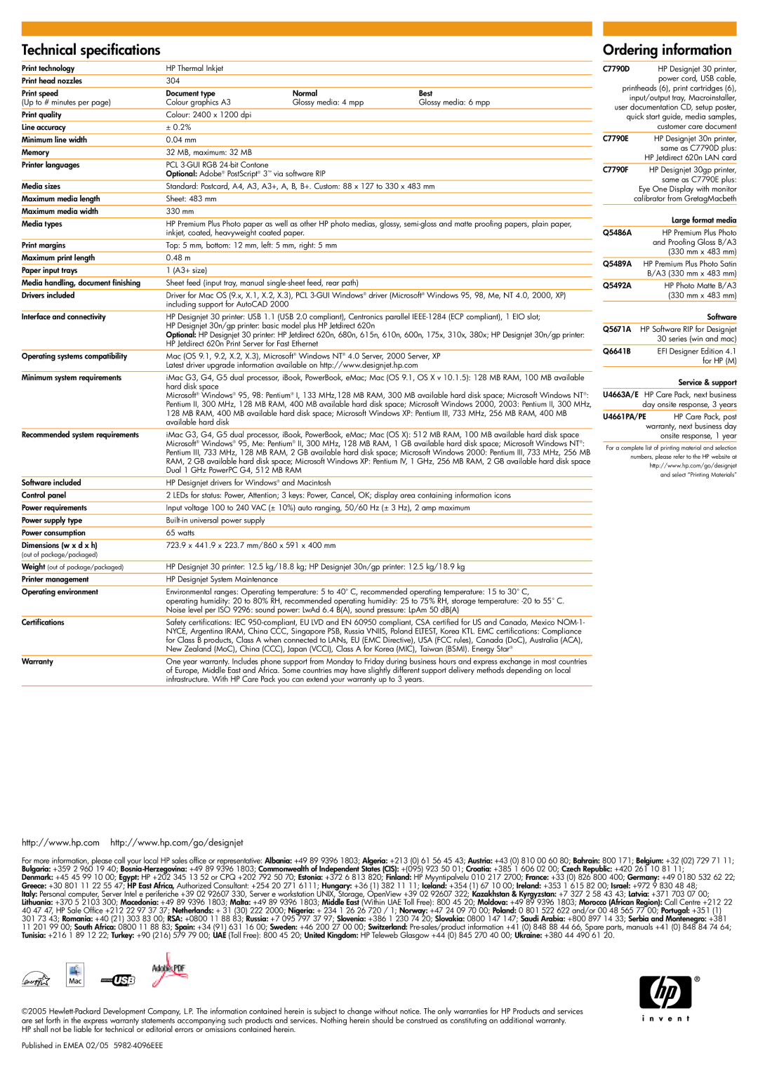 HP 30 manual Technical specifications, Ordering information 