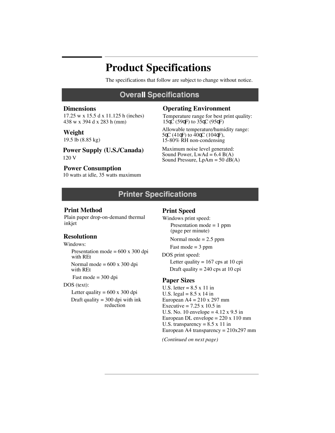 HP 300 manual Product Specifications, Resolutionn 