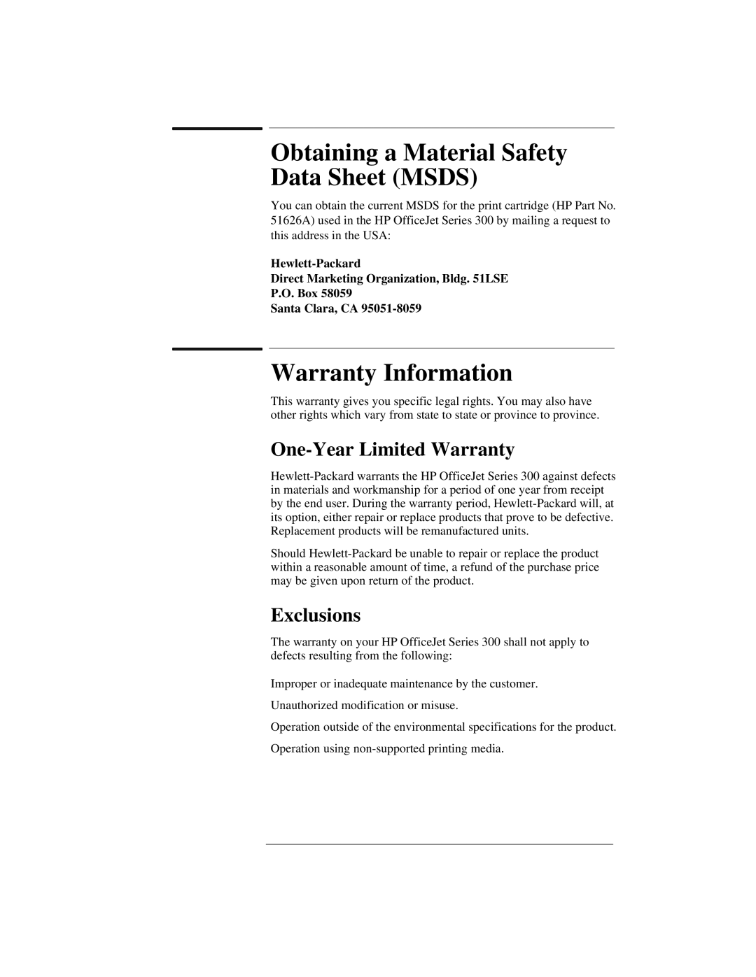 HP 300 manual Obtaining a Material Safety Data Sheet Msds, Warranty Information, One-Year Limited Warranty, Exclusions 