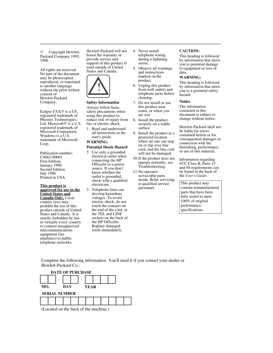 HP 300 manual Safety Information, Potential Shock Hazard 