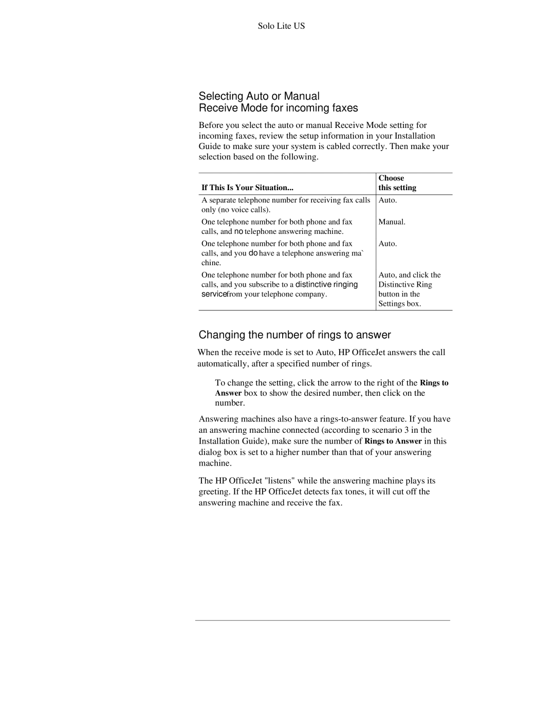 HP 300 manual Selecting Auto or Manual Receive Mode for incoming faxes, Changing the number of rings to answer, Choose 