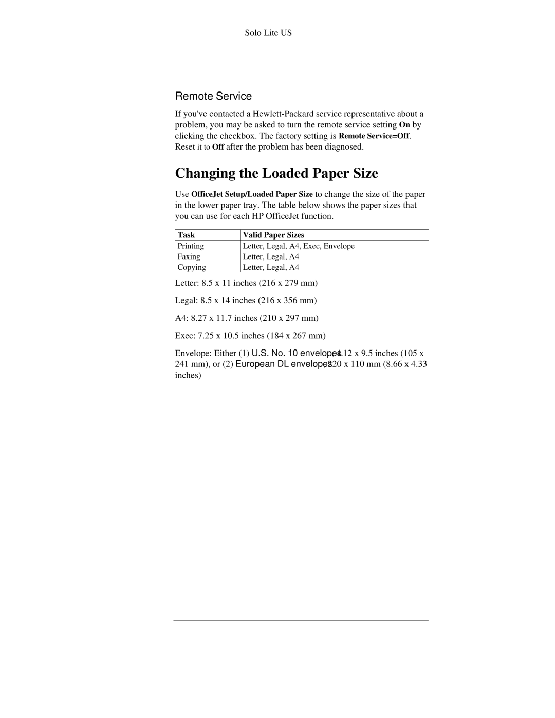 HP 300 manual Changing the Loaded Paper Size, Remote Service 