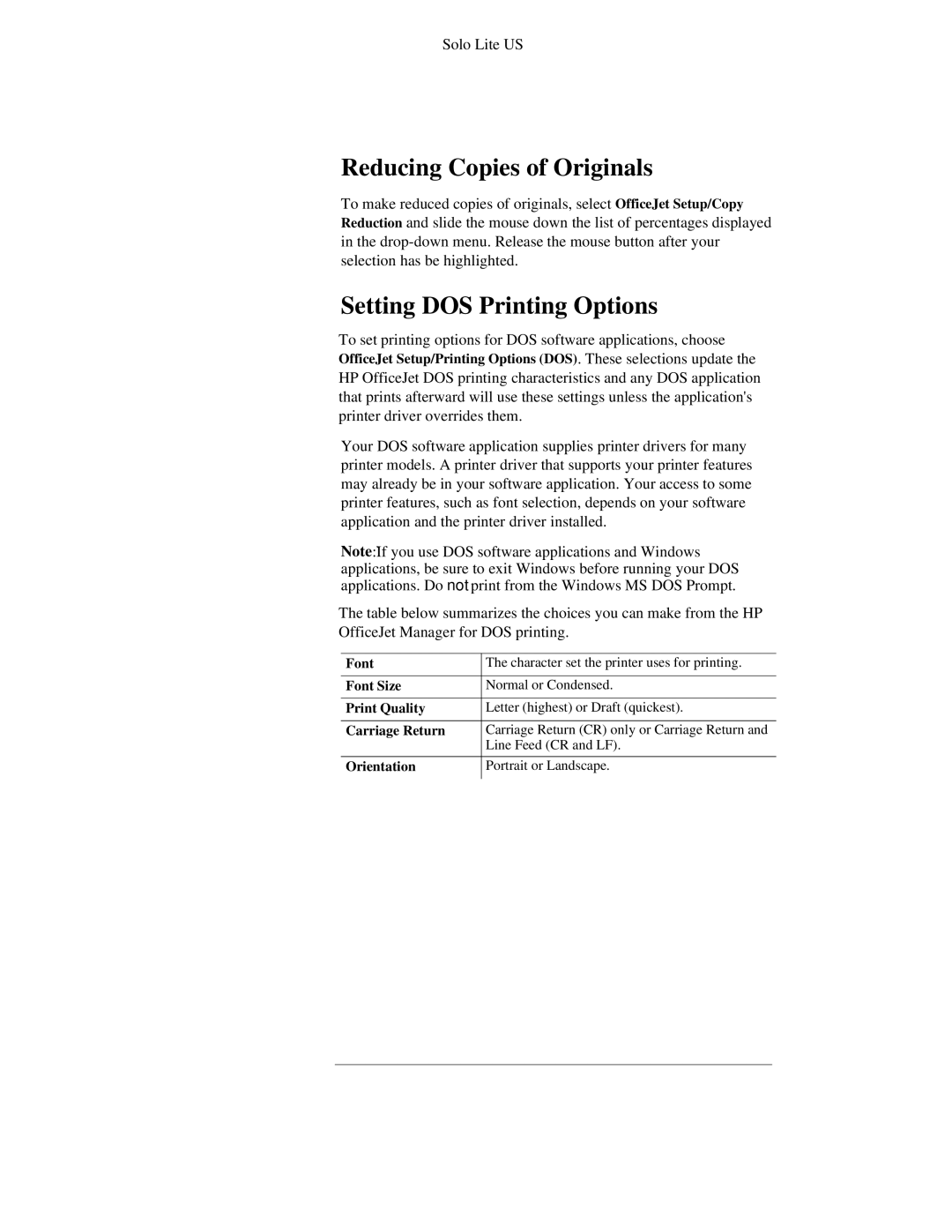 HP 300 manual Reducing Copies of Originals, Setting DOS Printing Options 