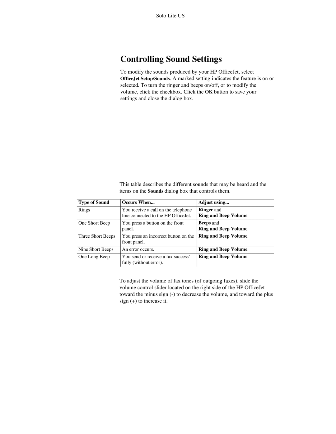 HP 300 manual Controlling Sound Settings, Type of Sound Occurs When Adjust using, Ringer, Ring and Beep Volume, Beeps 