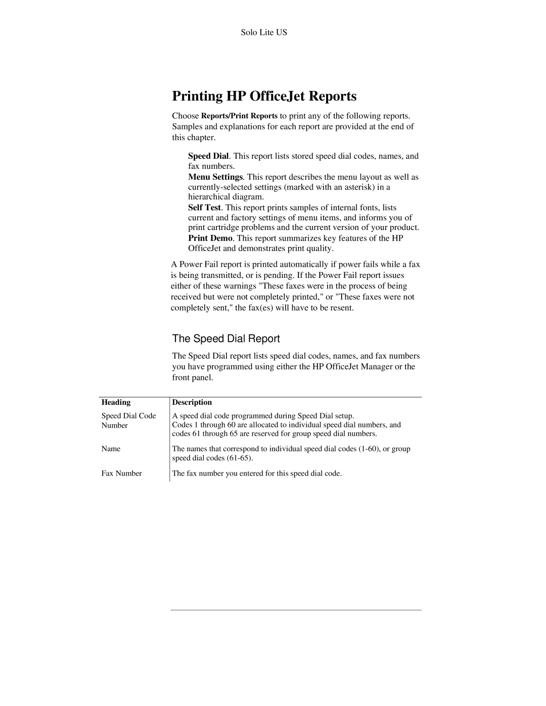 HP 300 manual Printing HP OfficeJet Reports, Speed Dial Report 