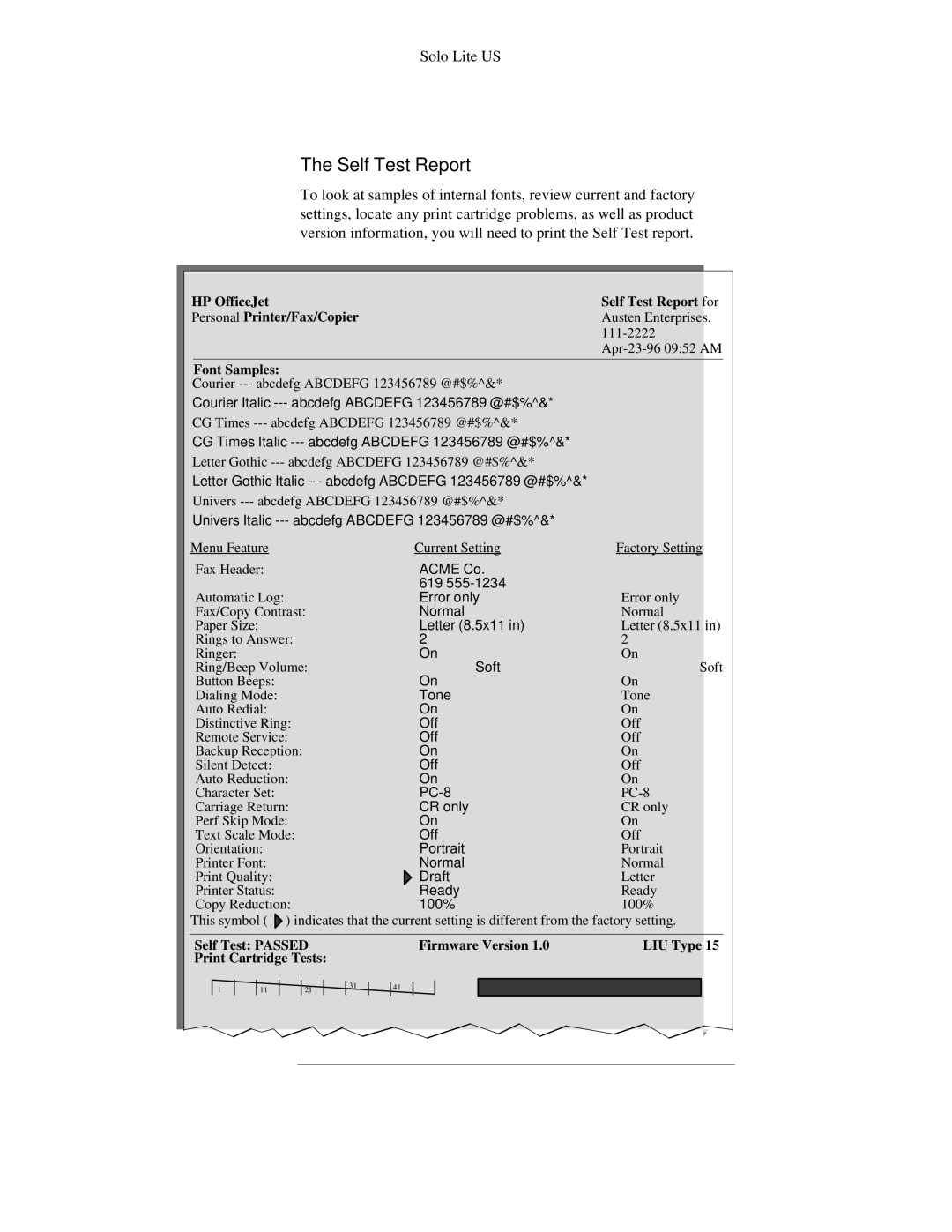 HP 300 manual Self Test Report, Acme Co 619, Draft 