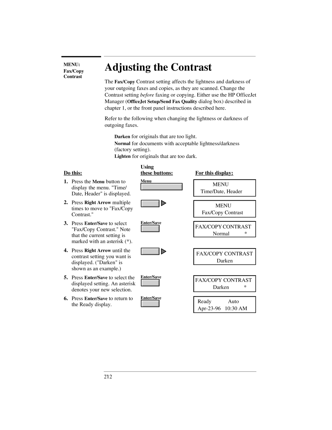 HP 300 manual Adjusting the Contrast, Fax/Copy Contrast 