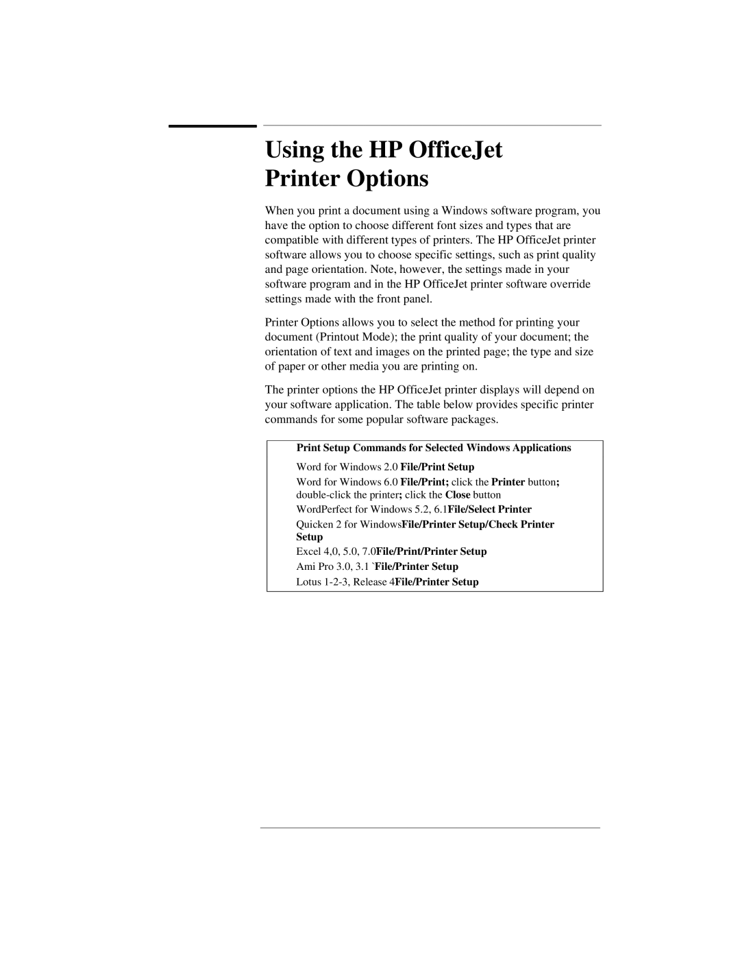 HP 300 manual Using the HP OfficeJet Printer Options, Print Setup Commands for Selected Windows Applications 