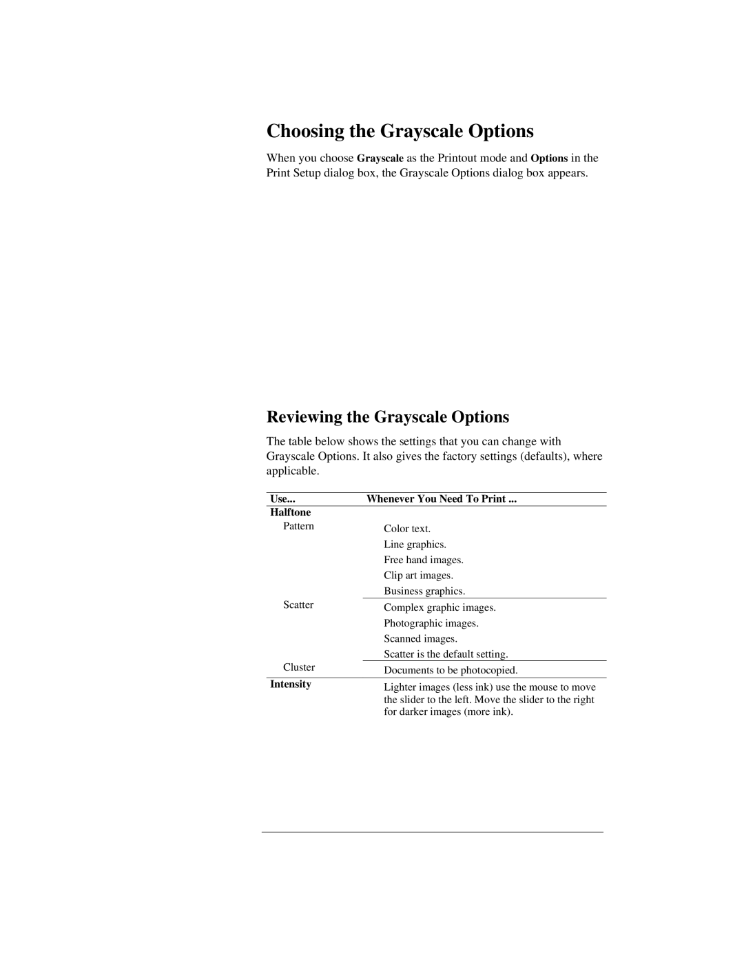 HP 300 manual Choosing the Grayscale Options, Use Whenever You Need To Print Halftone, Intensity 