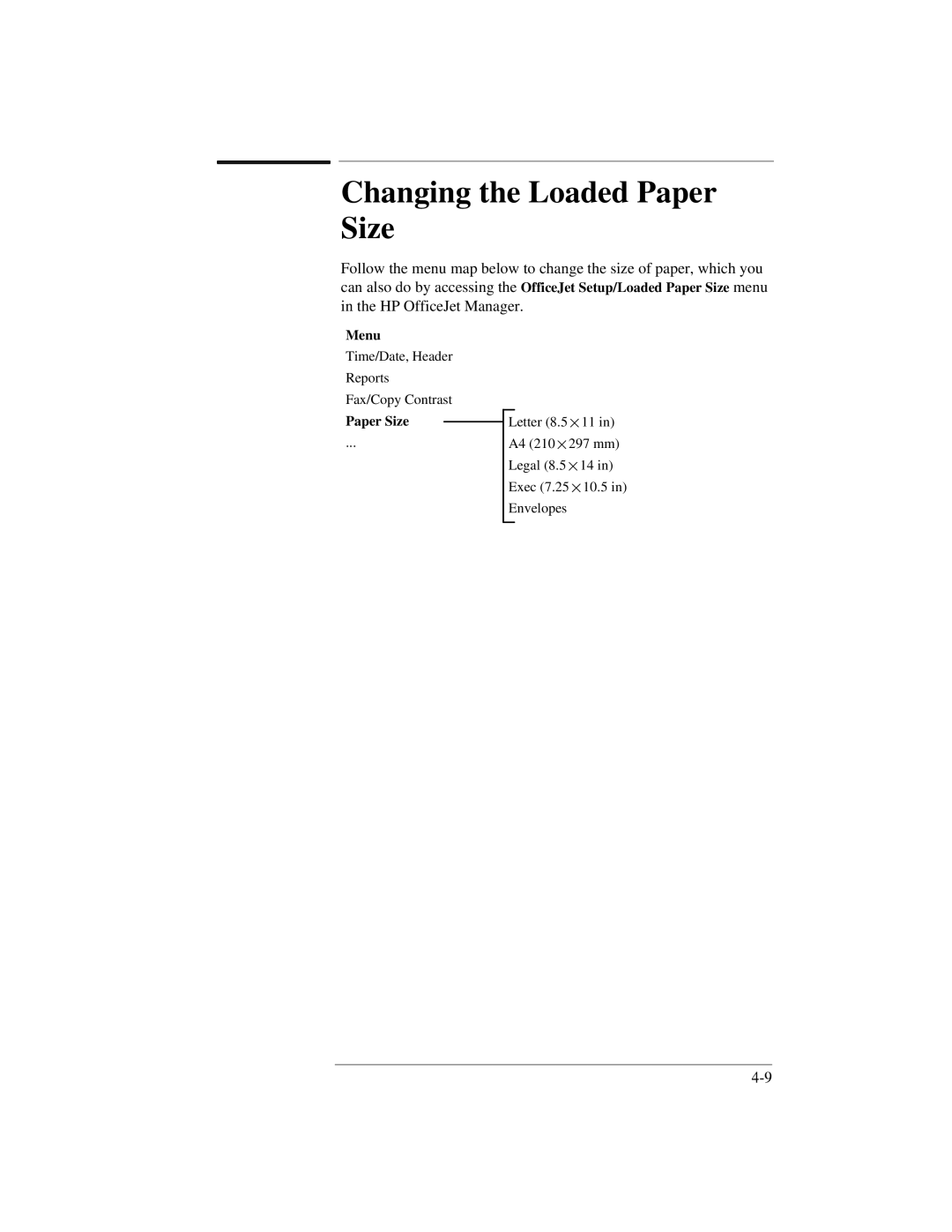 HP 300 manual Changing the Loaded Paper Size 