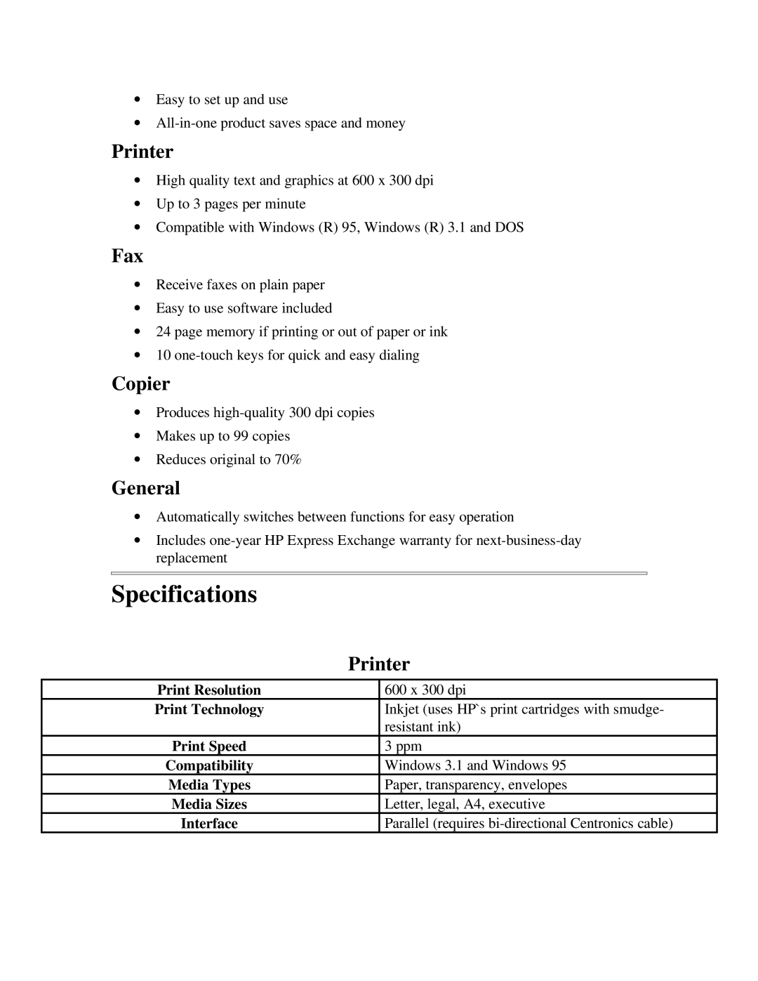 HP 300 manual Specifications, Printer, Fax, Copier, General 