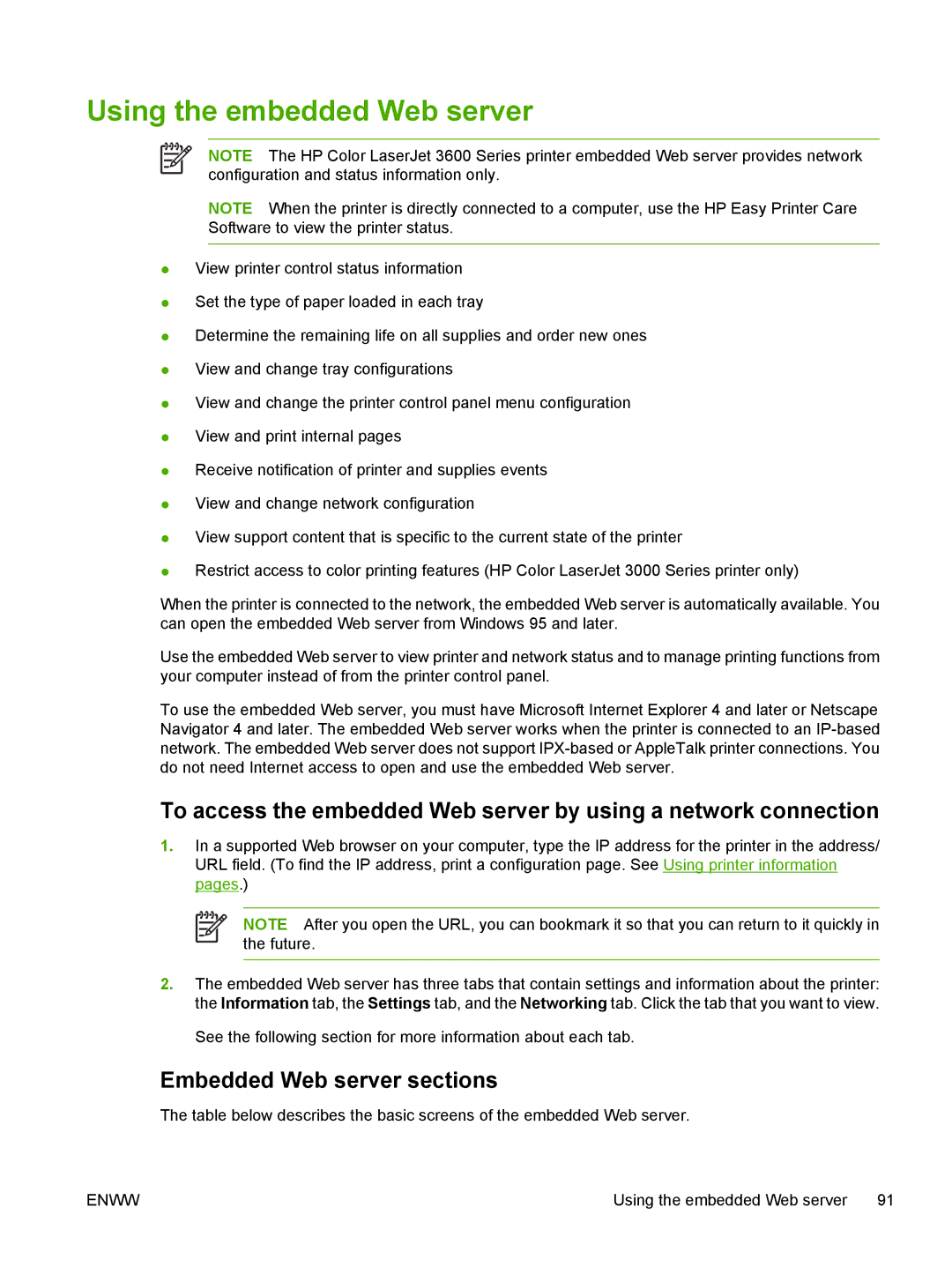 HP 3800, 3000 manual Using the embedded Web server, Embedded Web server sections 