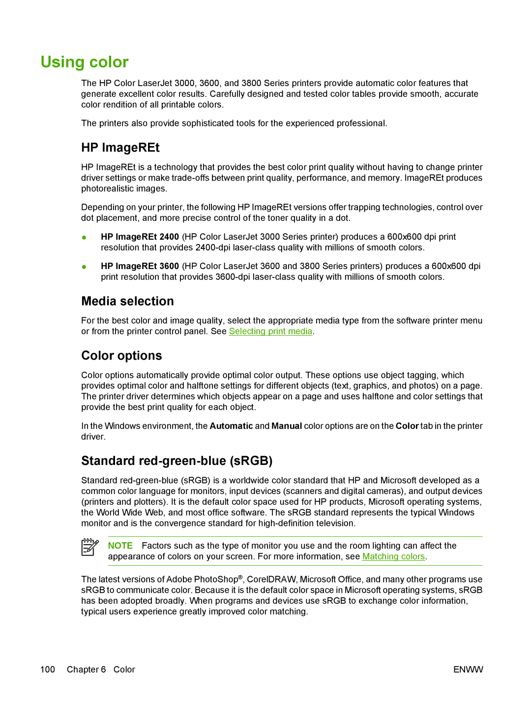 HP 3000, 3800 manual Using color, HP ImageREt, Media selection, Color options, Standard red-green-blue sRGB 