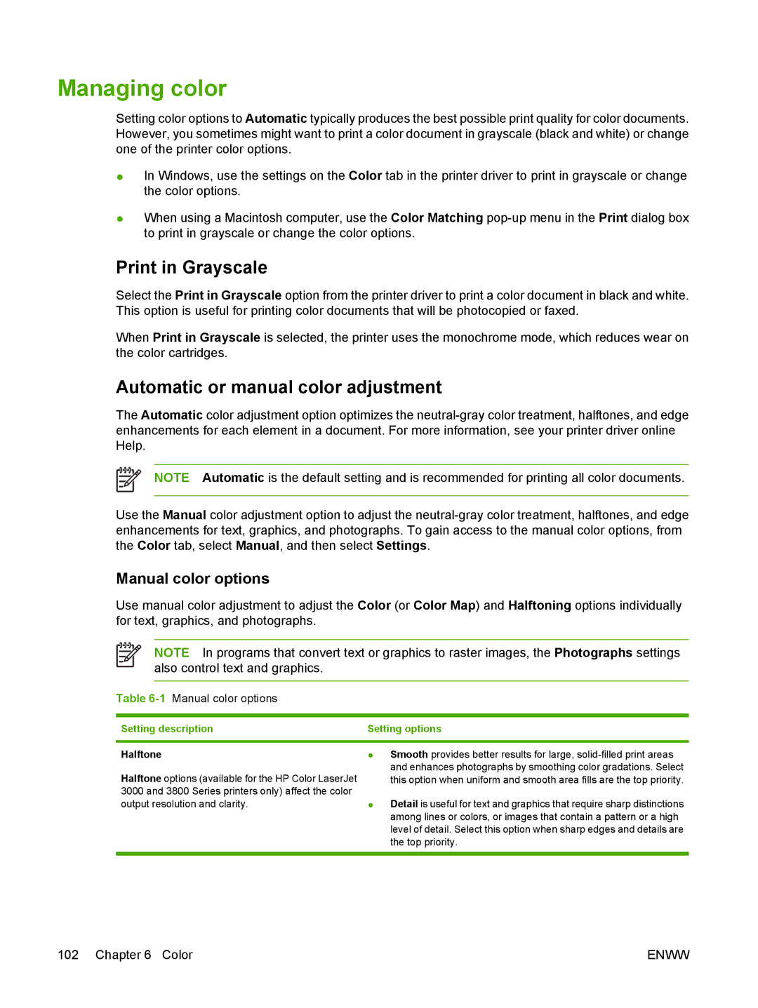 HP 3000, 3800 Managing color, Print in Grayscale, Automatic or manual color adjustment, Manual color options 