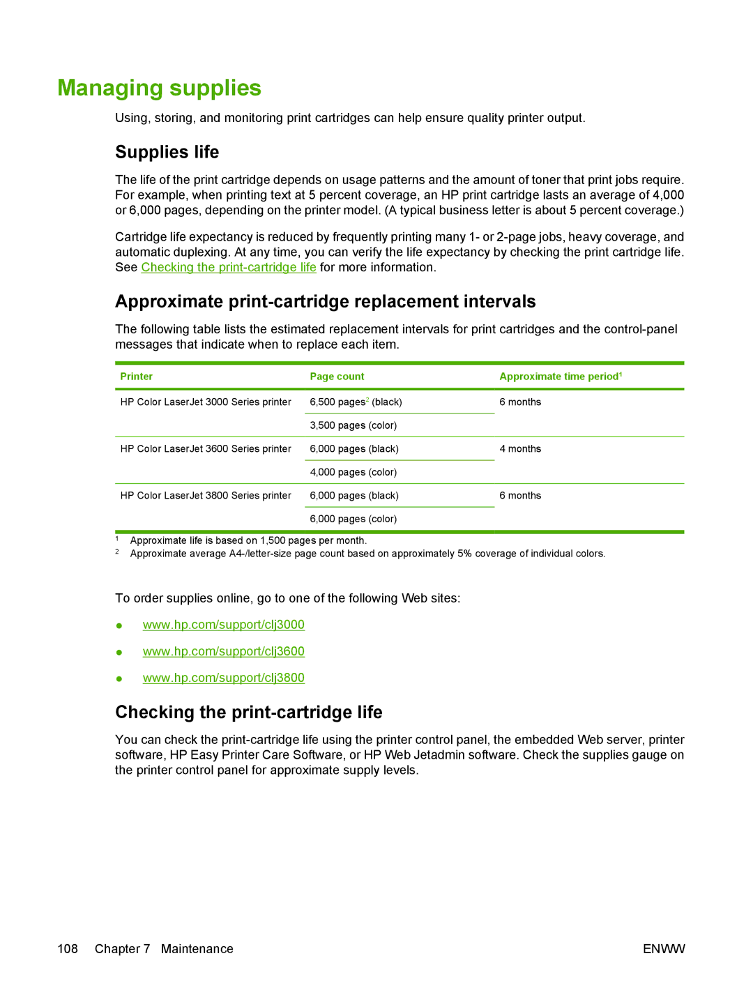 HP 3000, 3800 manual Managing supplies, Supplies life, Approximate print-cartridge replacement intervals 