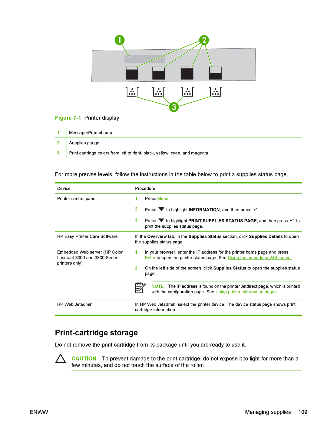 HP 3800, 3000 manual Print-cartridge storage, 1Printer display 