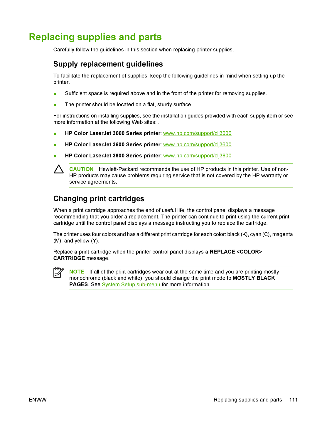 HP 3800, 3000 manual Replacing supplies and parts, Supply replacement guidelines, Changing print cartridges 