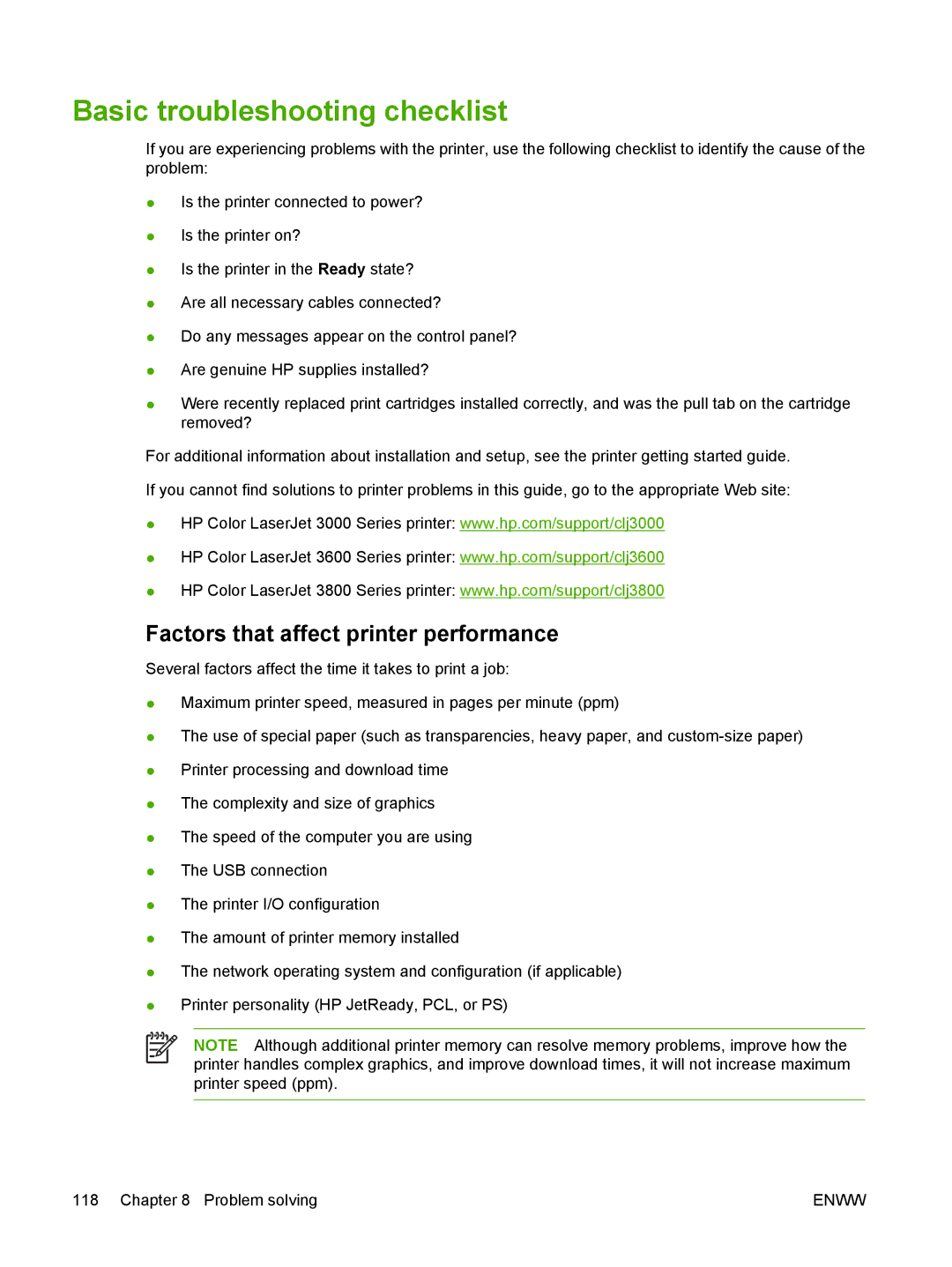 HP 3000, 3800 manual Basic troubleshooting checklist, Factors that affect printer performance 