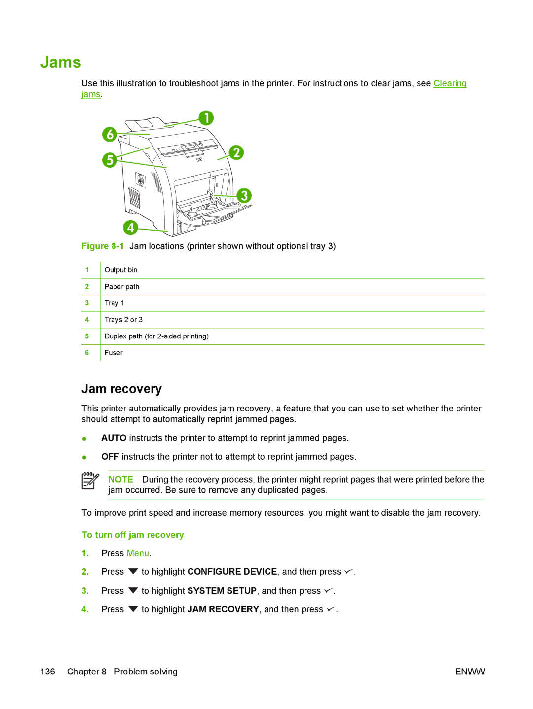 HP 3000, 3800 manual Jams, Jam recovery, To turn off jam recovery 