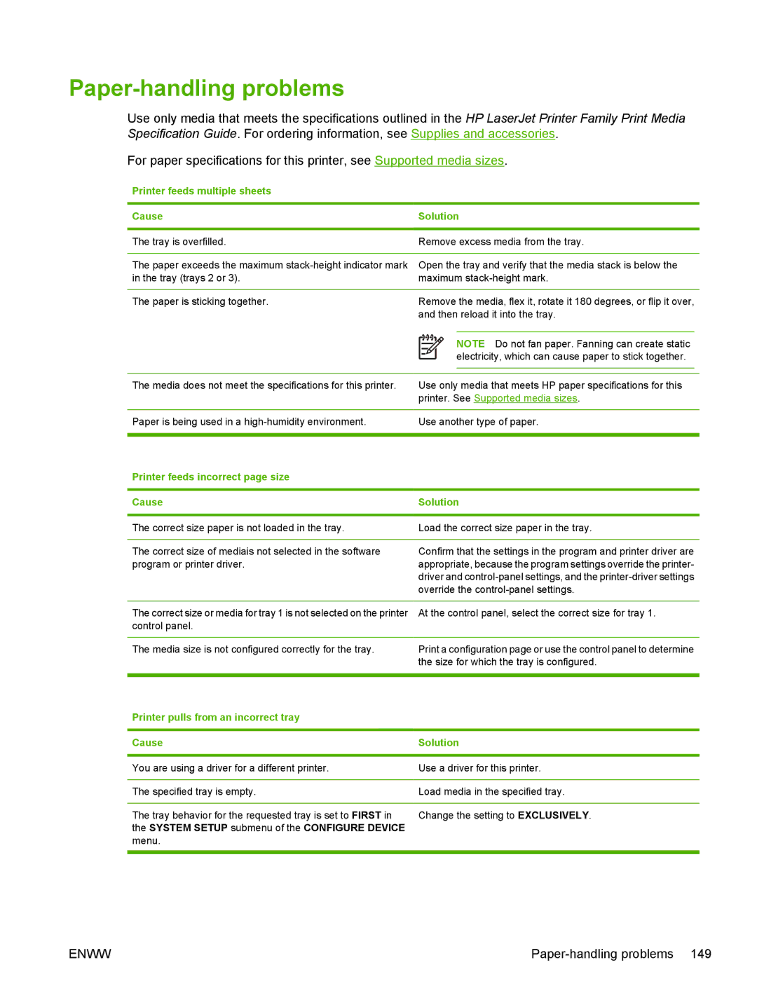 HP 3800, 3000 manual Paper-handling problems, Printer feeds multiple sheets Cause Solution 