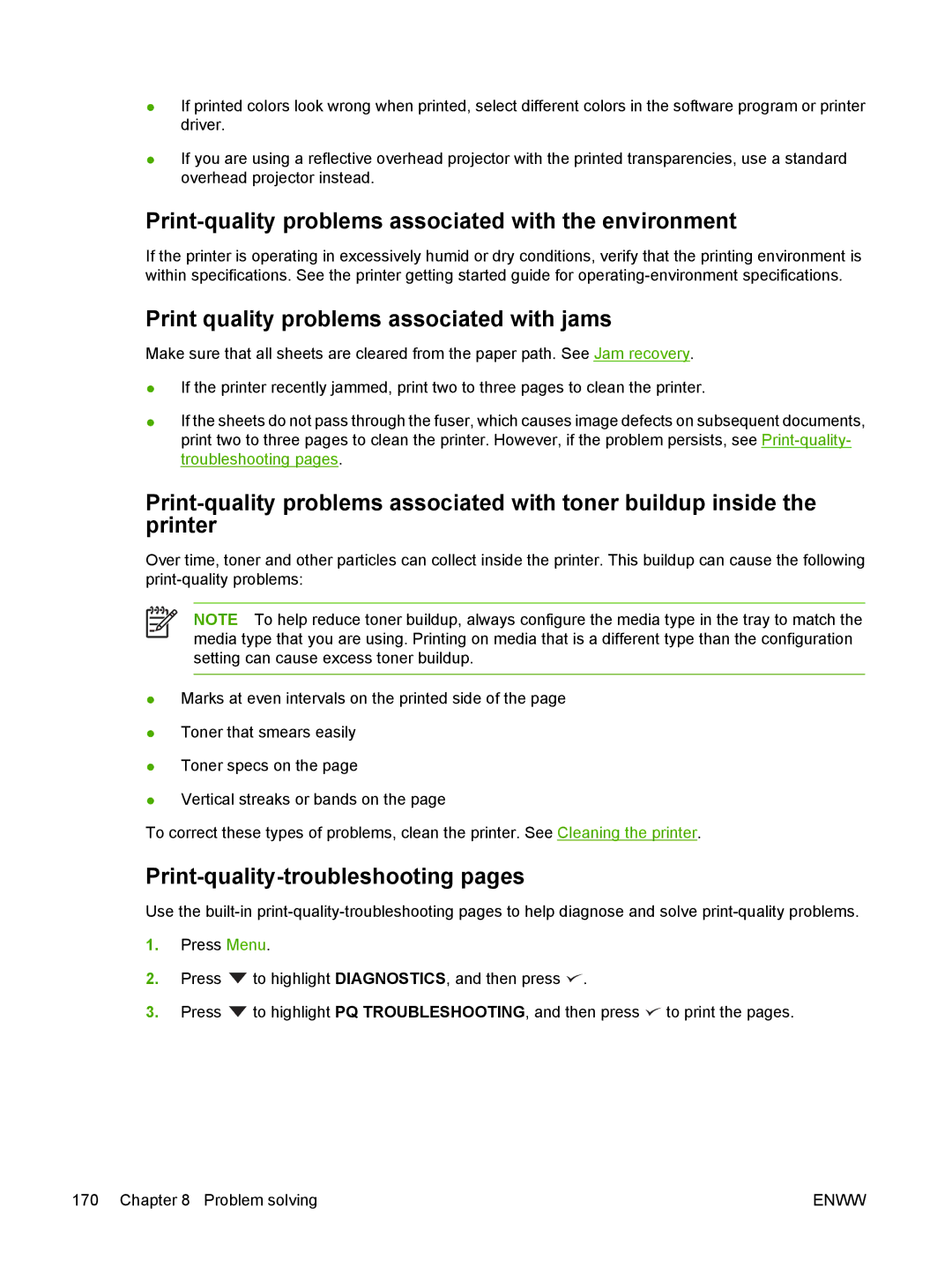 HP 3000, 3800 manual Print-quality problems associated with the environment, Print quality problems associated with jams 