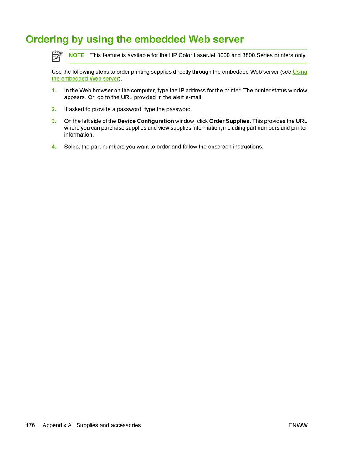 HP 3000, 3800 manual Ordering by using the embedded Web server 