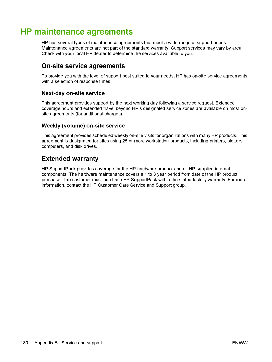 HP 3000, 3800 manual HP maintenance agreements, On-site service agreements, Extended warranty, Next-day on-site service 