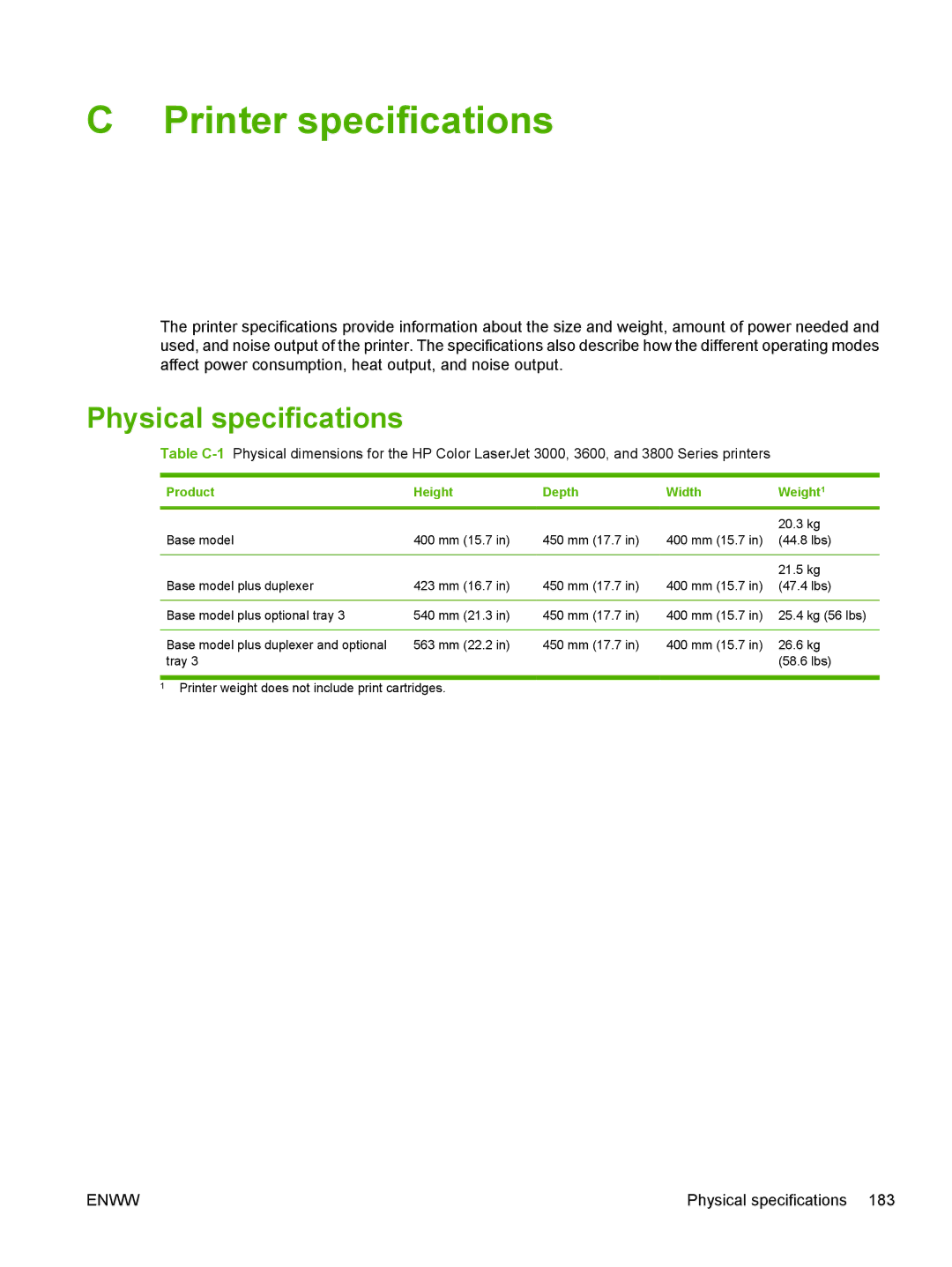 HP 3800, 3000 manual Printer specifications, Physical specifications, Product Height Depth Width Weight 