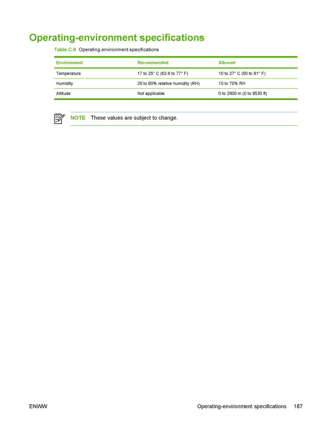 HP 3800, 3000 manual Operating-environment specifications, Environment Recommended Allowed 