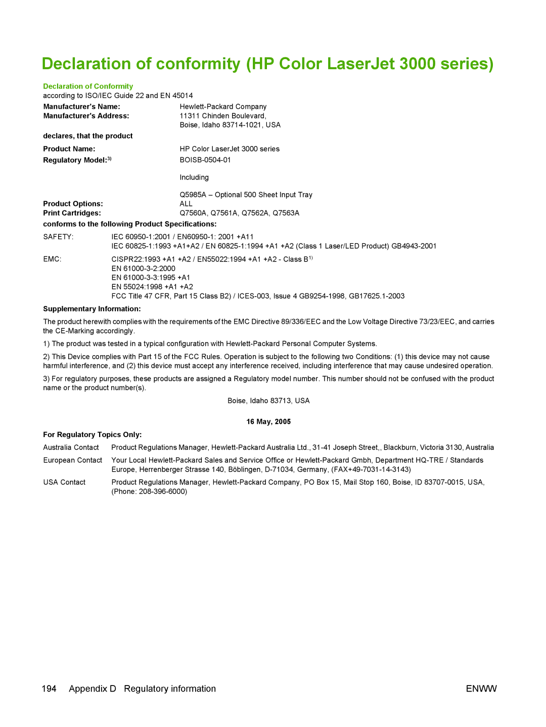 HP 3800 manual Declaration of conformity HP Color LaserJet 3000 series, Declaration of Conformity 