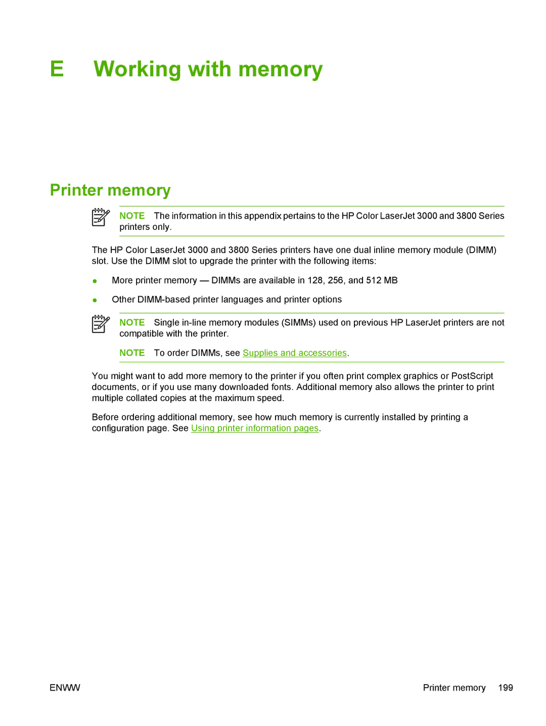 HP 3800, 3000 manual Working with memory, Printer memory 